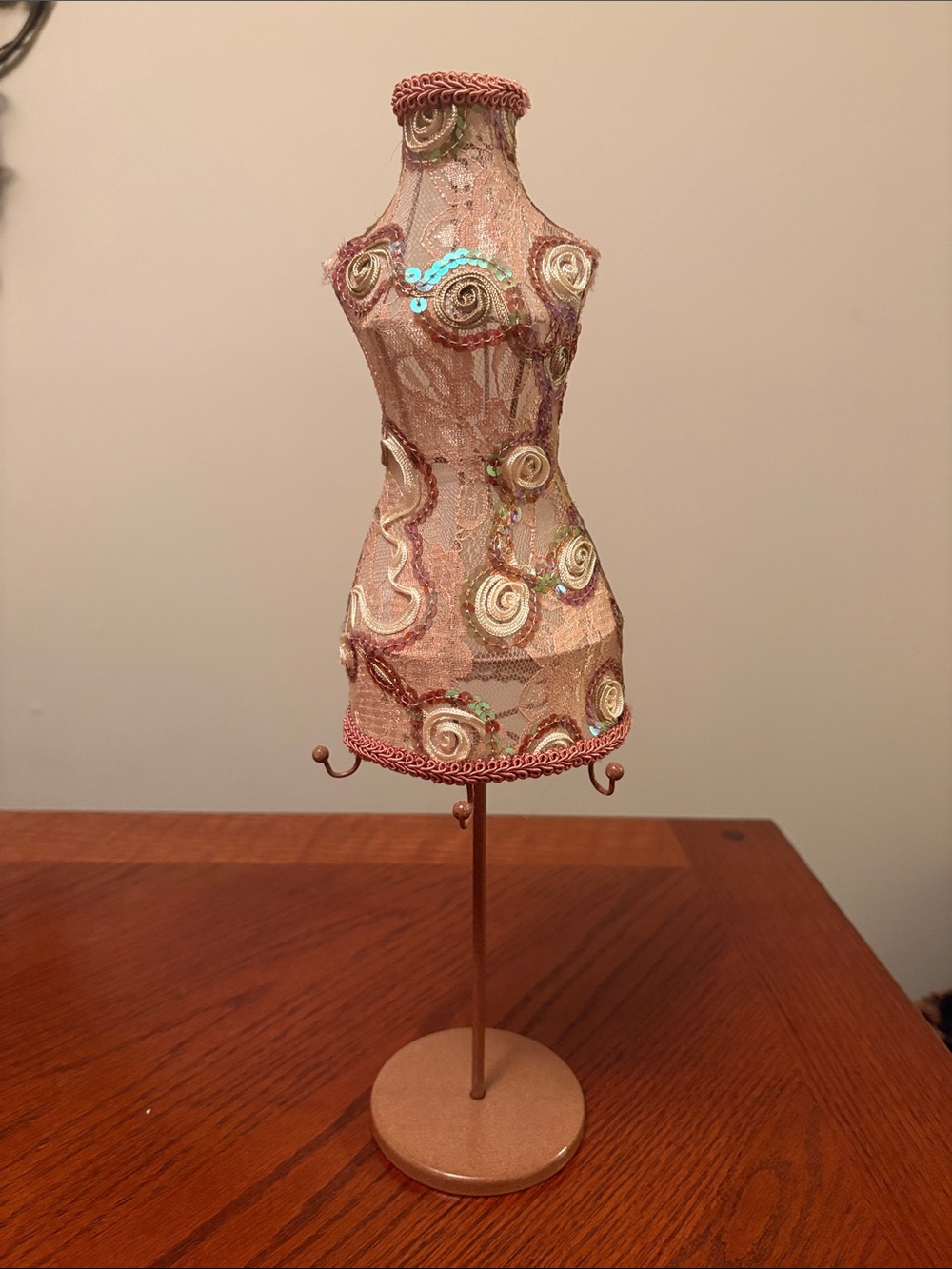 Embellished Pink Dress Form Jewelry Holder with 3 Hooks
